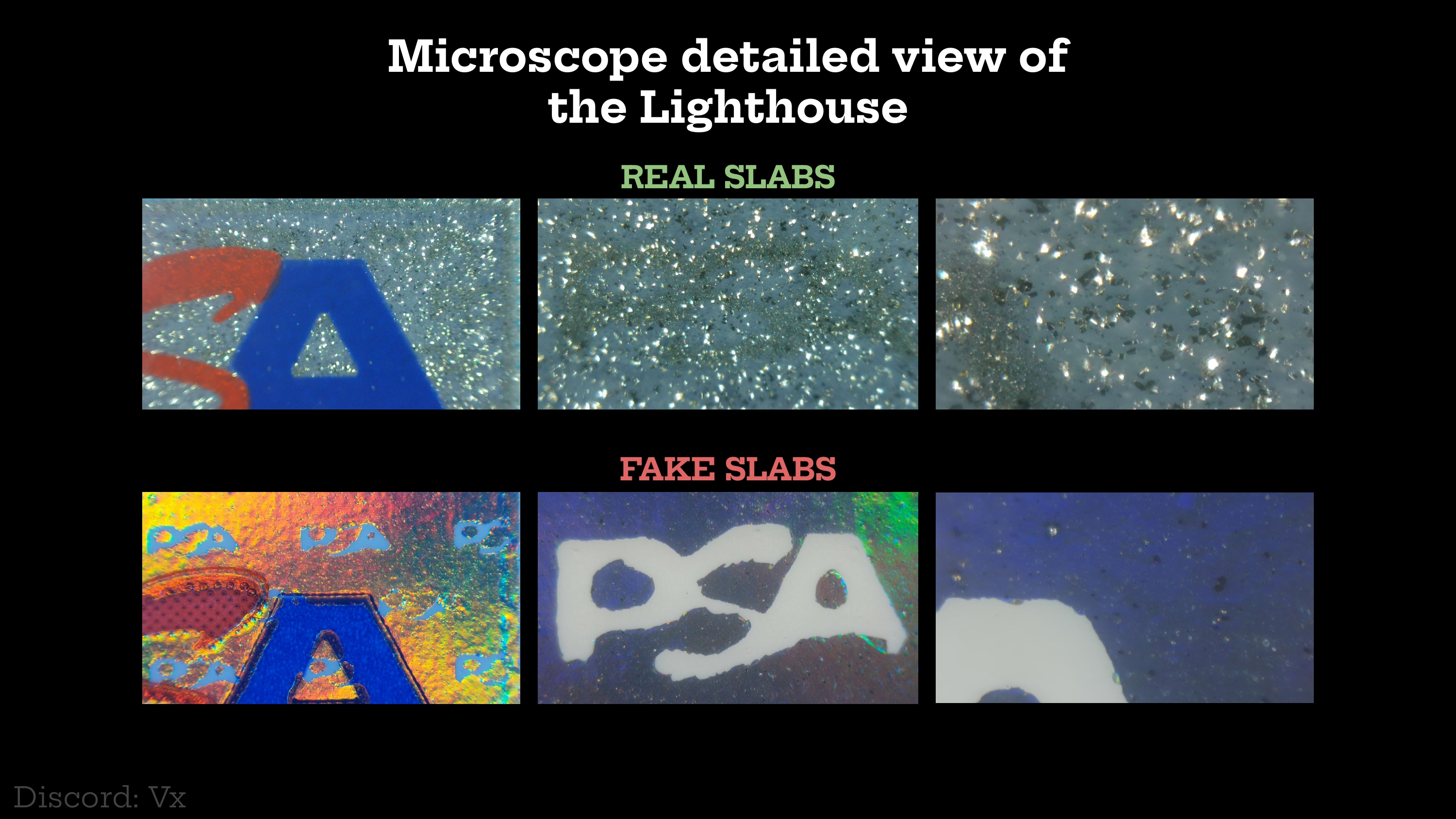 Microscope view van Lighthouse, real slabs hebben glitter, fakes solide