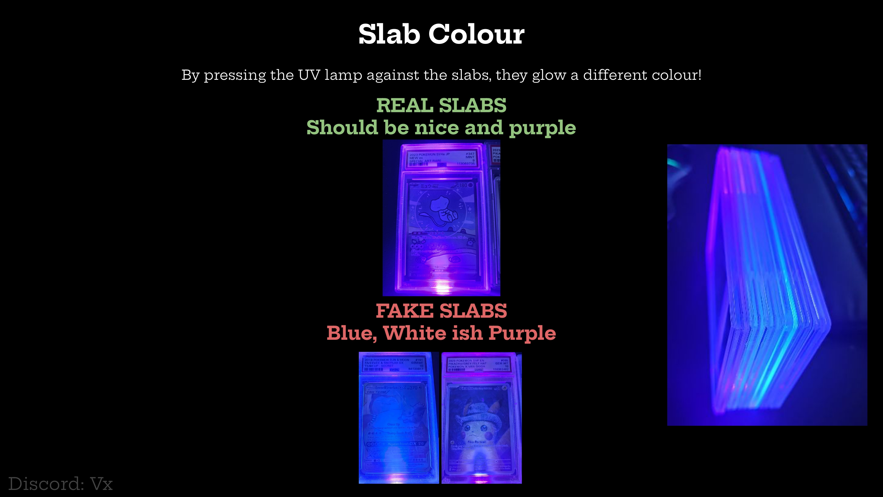 Slab kleur onder UV, real glows paars, fakes blauw-wit