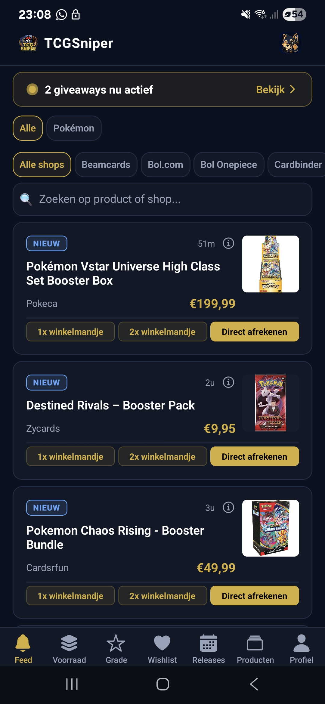 De TCGSniper-app: live feed met 1-tap winkelmandje en direct afrekenen
